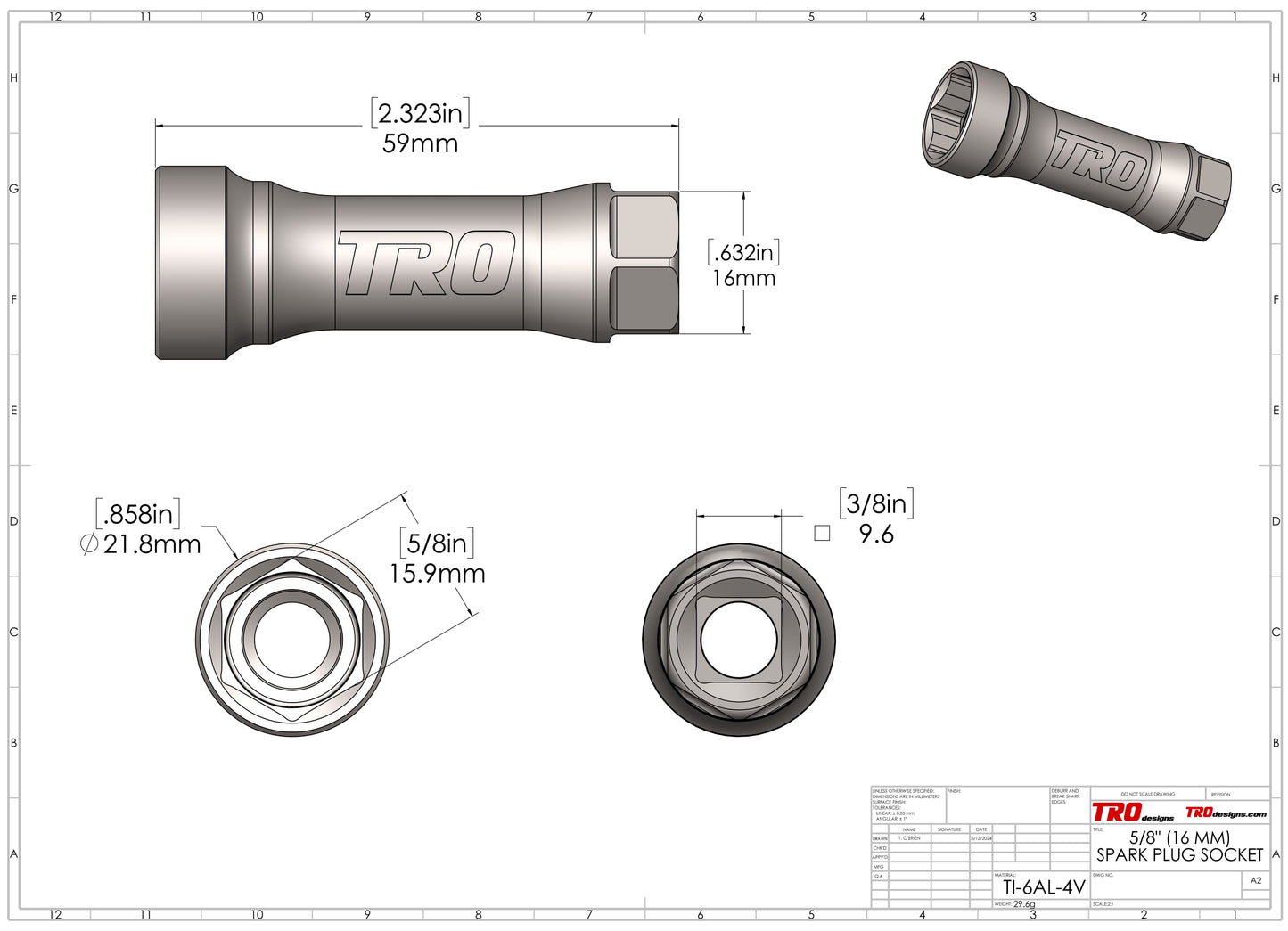 Titanium Spark Plug Socket 5/8" (16 mm) 6-Pt
