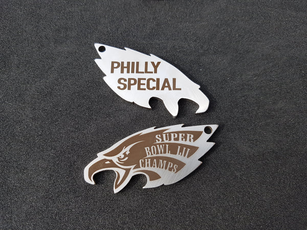 Bild in Galerie-Viewer laden, Philadelphia Eagles Stainless/Titanium Bottle Opener PHILLY SPECIAL SB LII CHAMPS!
