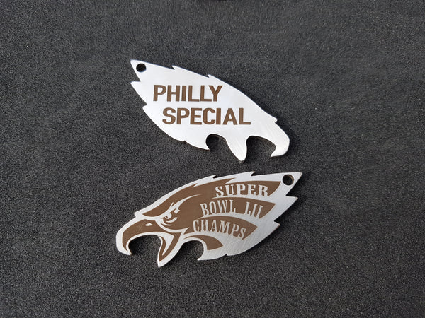 Muat gambar ke penampil Galeri, Philadelphia Eagles Stainless/Titanium Bottle Opener PHILLY SPECIAL SB LII CHAMPS!
