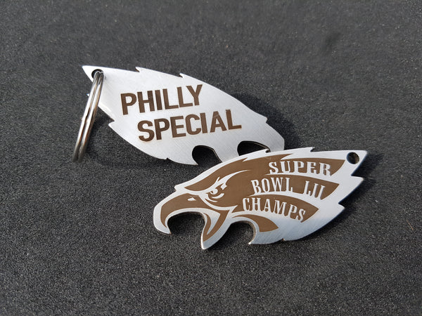 Muat gambar ke penampil Galeri, Philadelphia Eagles Stainless/Titanium Bottle Opener PHILLY SPECIAL SB LII CHAMPS!
