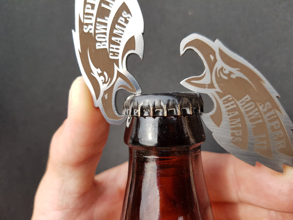 Muat gambar ke penampil Galeri, Philadelphia Eagles Stainless/Titanium Bottle Opener PHILLY SPECIAL SB LII CHAMPS!
